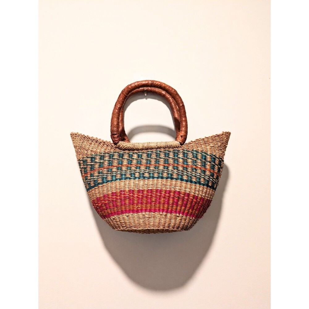 Hand Crafted African Straw Euro Summer Cottage Coastal Leather Handle Tote Bag